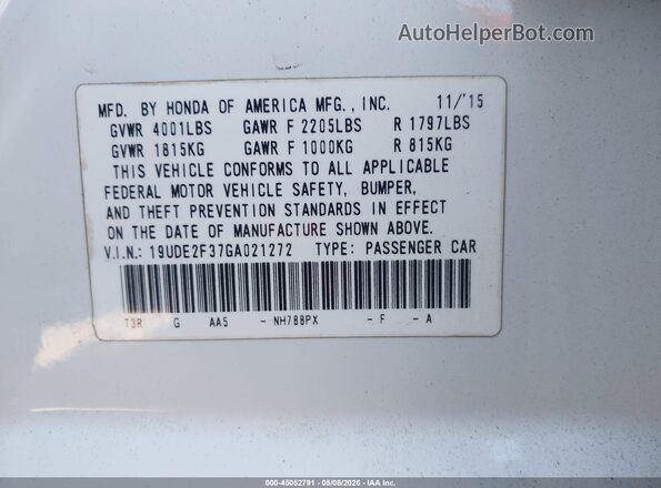 19UDE2F37GA021272 2016 ACURA ILX Белый Вид подкапотного пространства