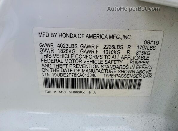 19UDE2F78KA013340 2019 ACURA ILX Белый Вид подкапотного пространства