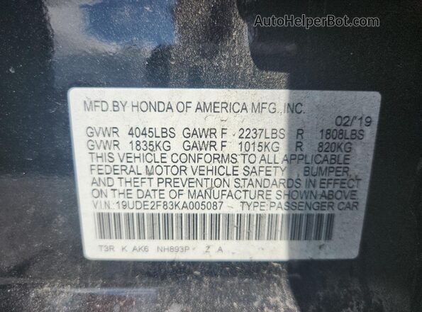 19UDE2F83KA005087 2019 ACURA ILX Gray Widok komory silnika