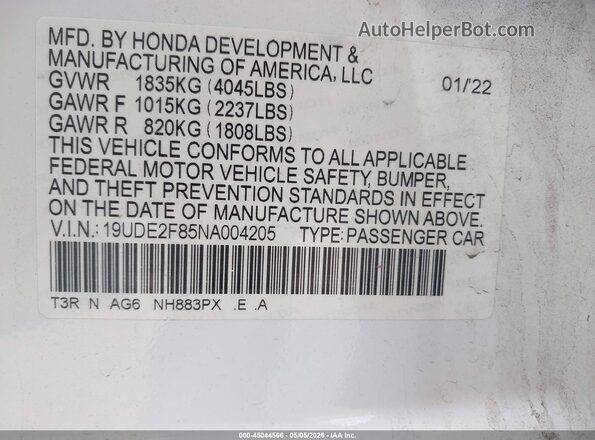 19UDE2F85NA004205 2022 ACURA ILX Белый Вид подкапотного пространства