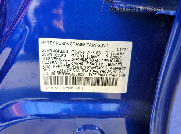 19UDE2F89MA004027 2021 ACURA ILX Blue Vista de la etiqueta del VIN