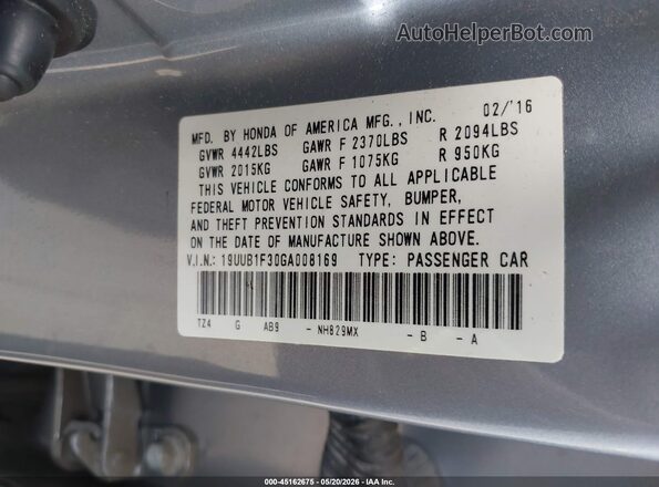 19UUB1F30GA008169 2016 ACURA TLX Серебряный Вид подкапотного пространства