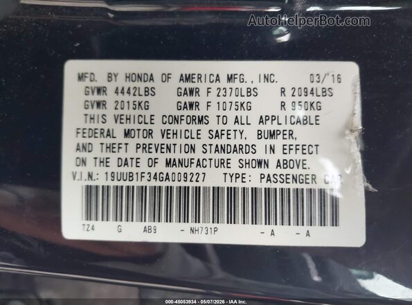 19UUB1F34GA009227 2016 ACURA TLX Черный Вид подкапотного пространства