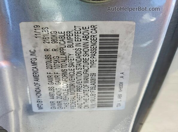19UUB1F35LA008159 2020 ACURA TLX Silver Vista de la etiqueta del VIN