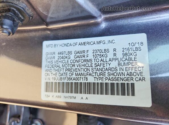 19UUB1F36KA007178 2019 ACURA TLX Серый Вид наклейки с VIN-кодом