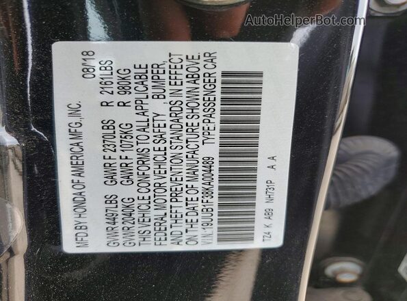 19UUB1F38KA004489 2019 ACURA TLX Black Vista de la etiqueta del VIN