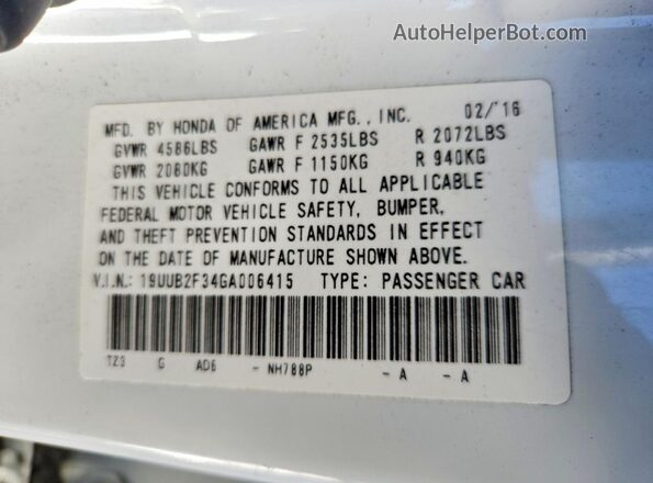 19UUB2F34GA006415 2016 ACURA TLX Белый Вид наклейки с VIN-кодом