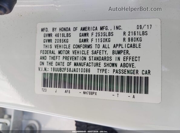 19UUB2F58JA010086 2018 ACURA TLX Белый Вид подкапотного пространства