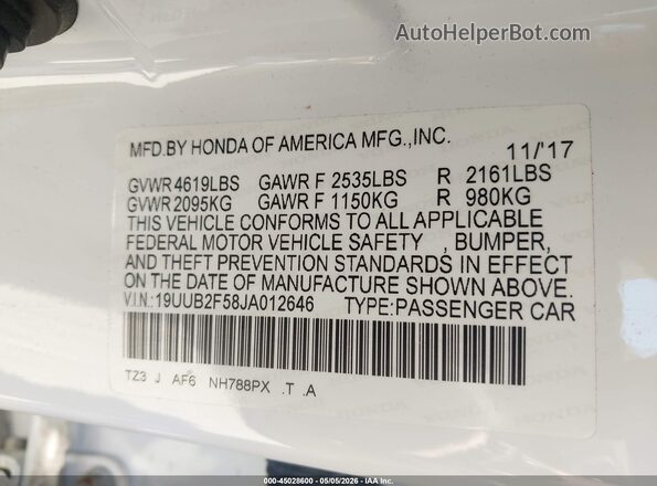 19UUB2F58JA012646 2018 ACURA TLX Белый Вид подкапотного пространства