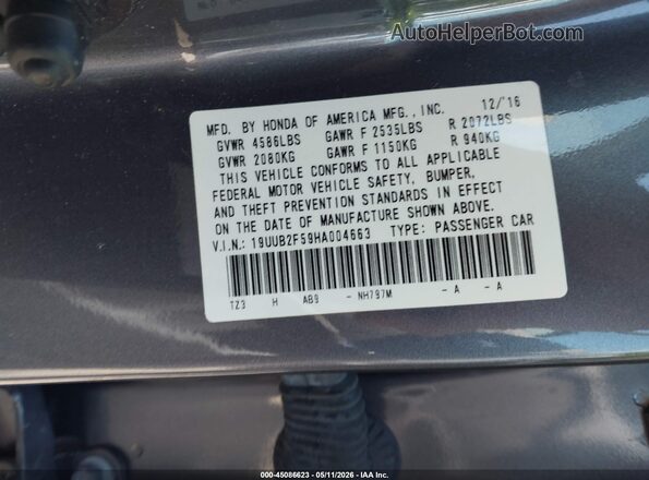 19UUB2F59HA004663 2017 ACURA TLX Gray Widok komory silnika
