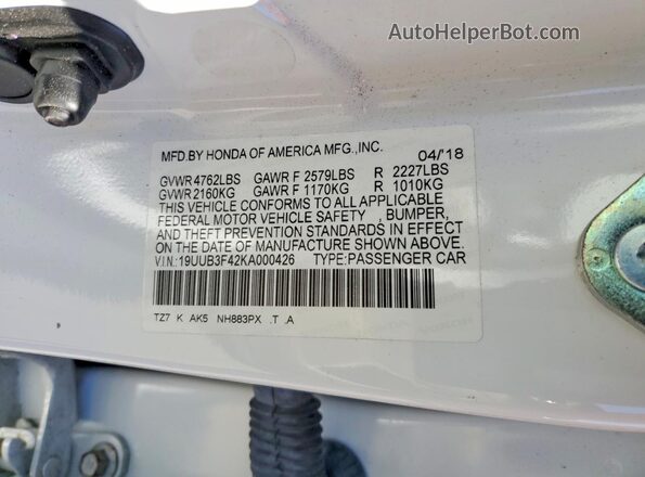 19UUB3F42KA000426 2019 ACURA TLX Белый Вид наклейки с VIN-кодом