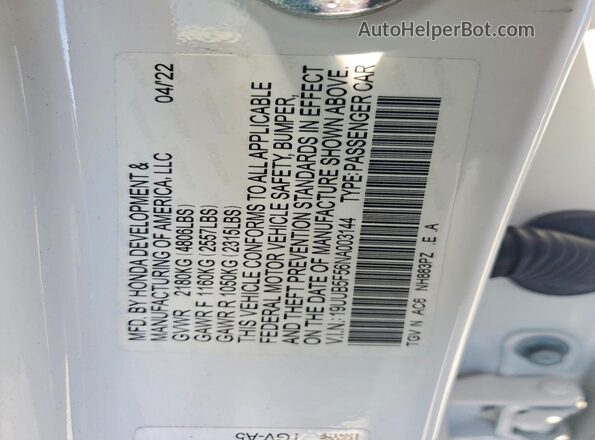 19UUB5F56NA003144 2022 ACURA TLX White Widok naklejki z numerem VIN