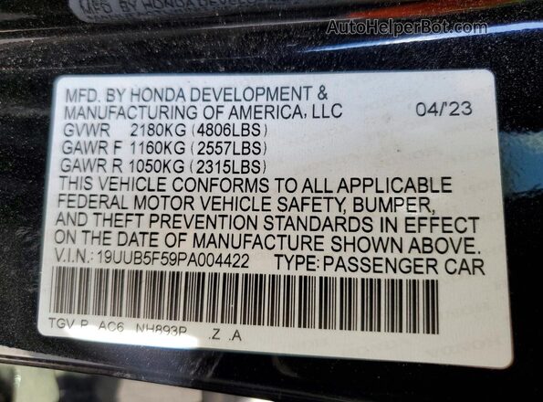 19UUB5F59PA004422 2023 ACURA TLX Black Widok naklejki z numerem VIN