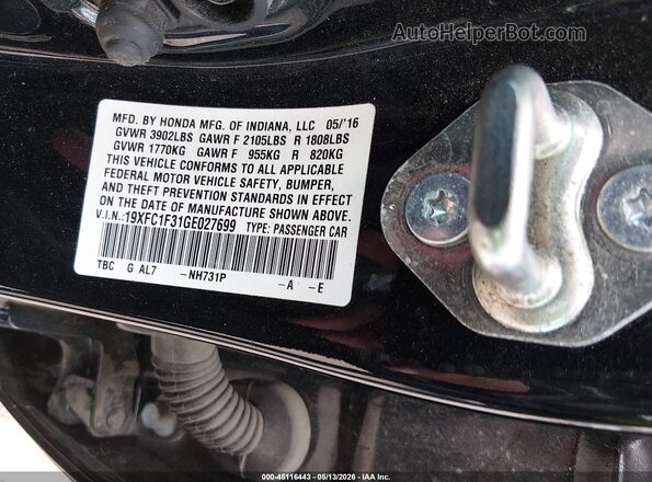 19XFC1F31GE027699 2016 HONDA CIVIC Черный Вид подкапотного пространства