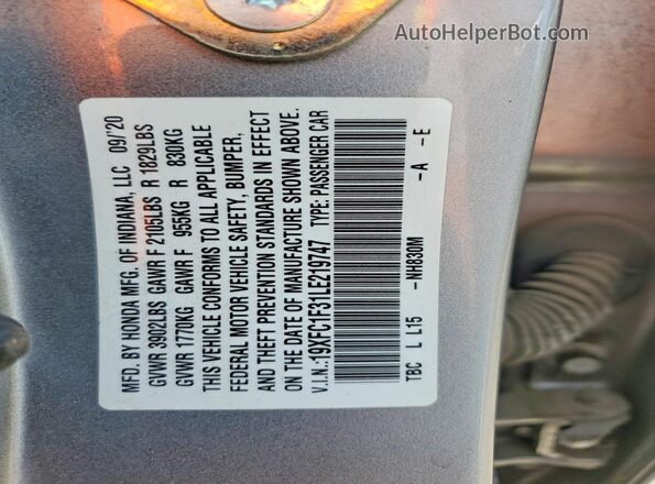 19XFC1F31LE219747 2020 HONDA CIVIC Silver Вид підкапотного простору