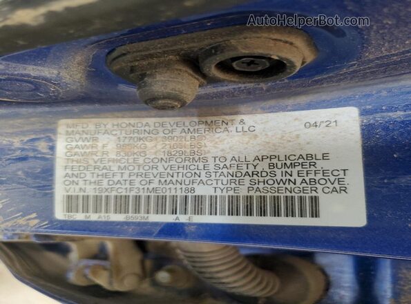 19XFC1F31ME011188 2021 HONDA CIVIC Blue Вид підкапотного простору
