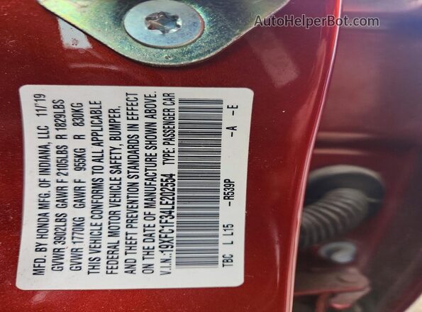 19XFC1F34LE202554 2020 HONDA CIVIC Maroon Vista del compartimento del motor