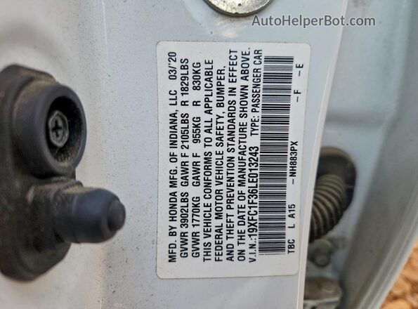 19XFC1F36LE013243 2020 HONDA CIVIC White Widok naklejki z numerem VIN