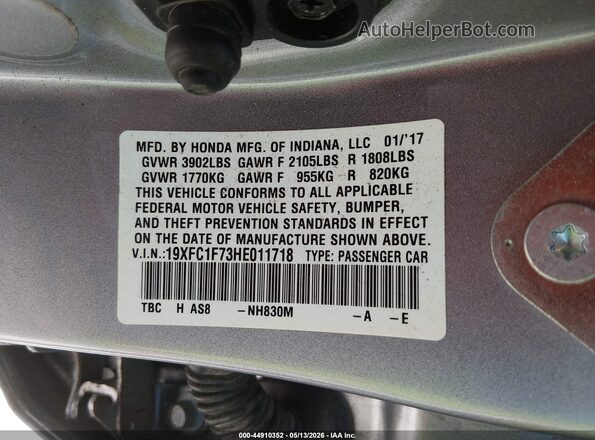 19XFC1F73HE011718 2017 HONDA CIVIC Серебряный Вид подкапотного пространства