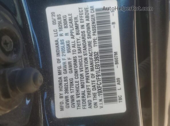 19XFC1F91LE013932 2020 HONDA CIVIC Blue Vista del compartimento del motor