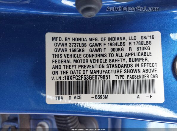 19XFC2F53GE079651 2016 HONDA CIVIC Blue Vista del compartimento del motor