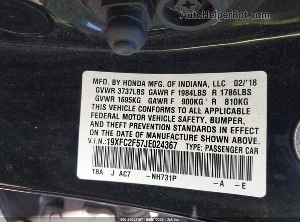 19XFC2F57JE024367 2018 HONDA CIVIC Черный Вид подкапотного пространства