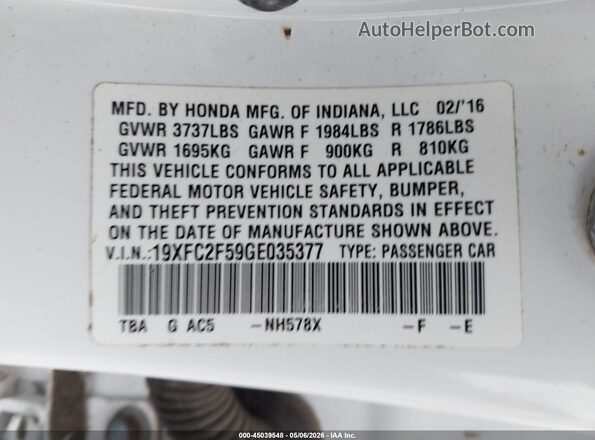 19XFC2F59GE035377 2016 HONDA CIVIC Белый Вид подкапотного пространства
