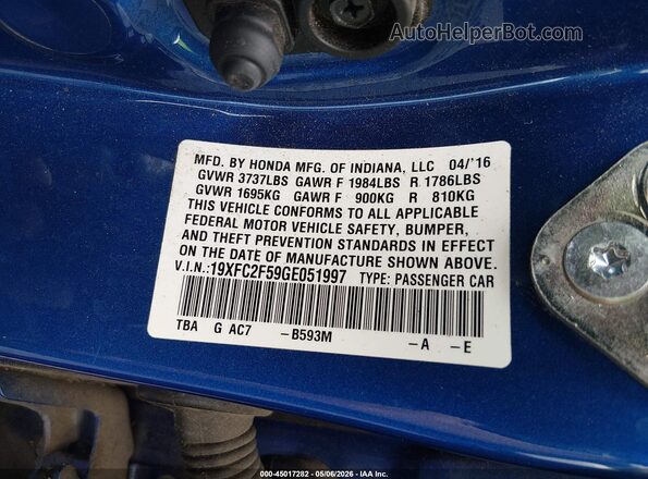 19XFC2F59GE051997 2016 HONDA CIVIC Синий Вид подкапотного пространства