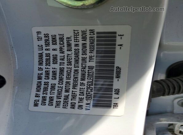 19XFC2F63LE003740 2020 HONDA CIVIC White Vista del compartimento del motor