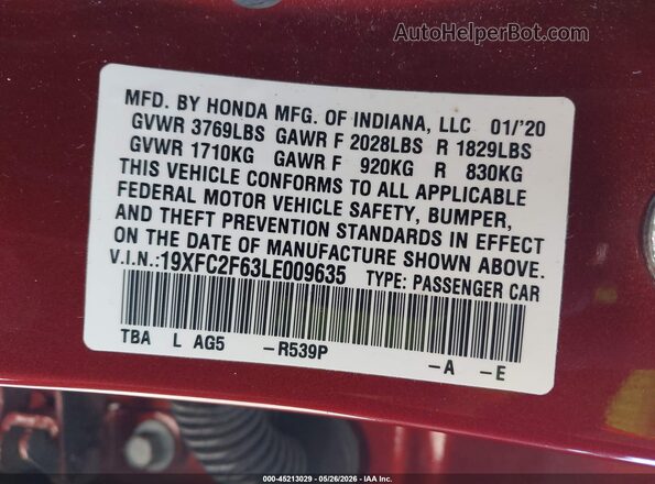 19XFC2F63LE009635 2020 HONDA CIVIC Red Widok komory silnika