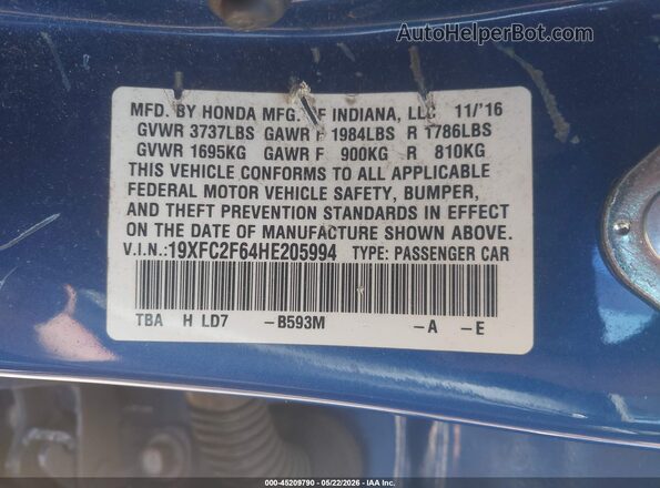 19XFC2F64HE205994 2017 HONDA CIVIC Синий Вид подкапотного пространства