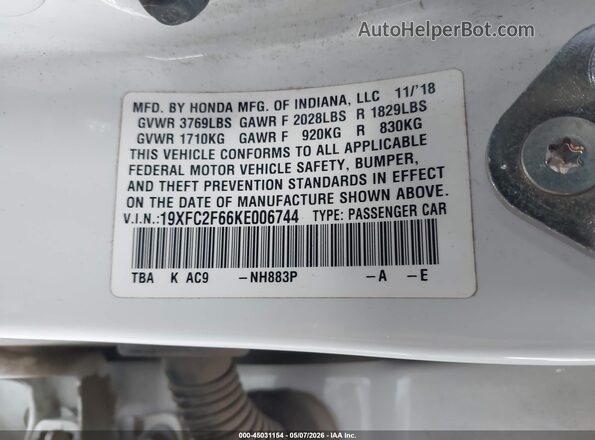 19XFC2F66KE006744 2019 HONDA CIVIC Белый Вид подкапотного пространства