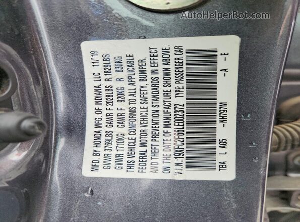 19XFC2F66LE002372 2020 HONDA CIVIC Gray Widok komory silnika