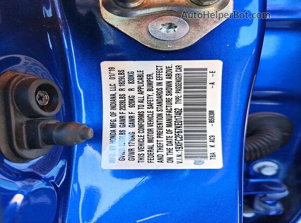 19XFC2F67KE017462 2019 HONDA CIVIC Синий Вид подкапотного пространства