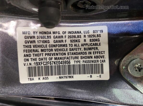 19XFC2F67KE045956 2019 HONDA CIVIC Серый Вид подкапотного пространства