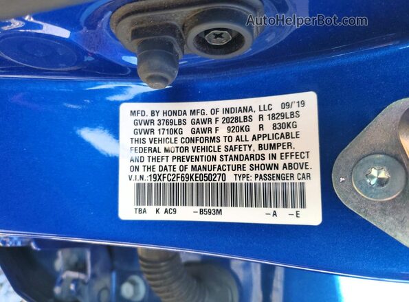19XFC2F69KE050270 2019 HONDA CIVIC Blue Շարժիչի բաժամունքի տեսք