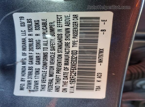 19XFC2F6XKE032103 2019 HONDA CIVIC Gray Շարժիչի բաժամունքի տեսք