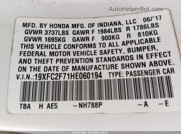 19XFC2F71HE060194 2017 HONDA CIVIC White Շարժիչի բաժամունքի տեսք