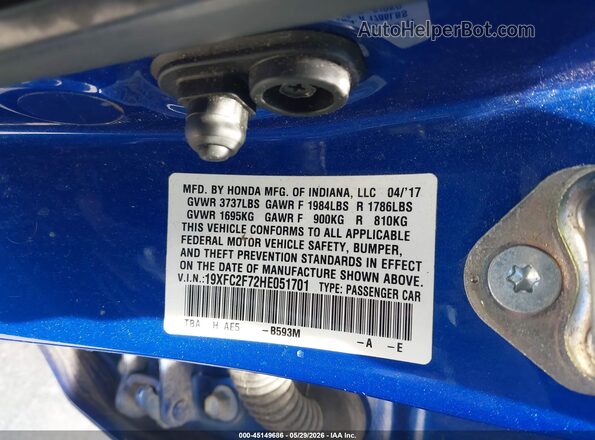 19XFC2F72HE051701 2017 HONDA CIVIC Blue Вид підкапотного простору