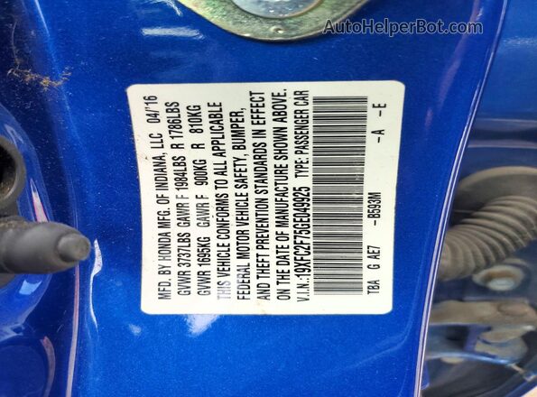 19XFC2F75GE049925 2016 HONDA CIVIC Blue Vista del compartimento del motor