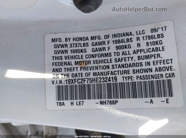 19XFC2F75HE232419 2017 HONDA CIVIC Белый Вид подкапотного пространства