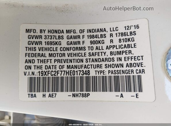 19XFC2F77HE017348 2017 HONDA CIVIC Белый Вид подкапотного пространства