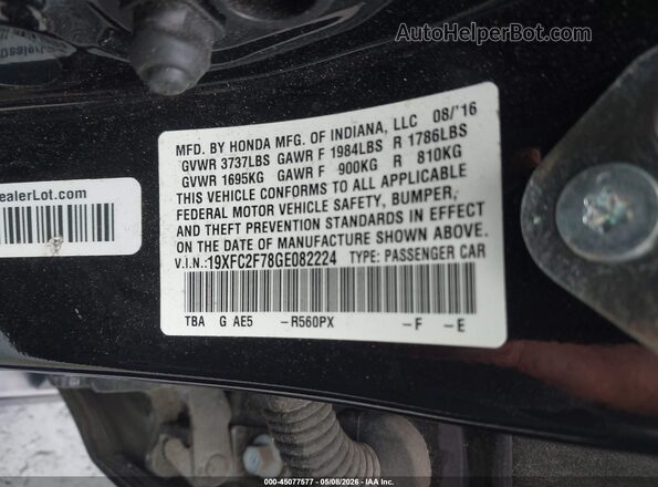 19XFC2F78GE082224 2016 HONDA CIVIC Gray Вид підкапотного простору
