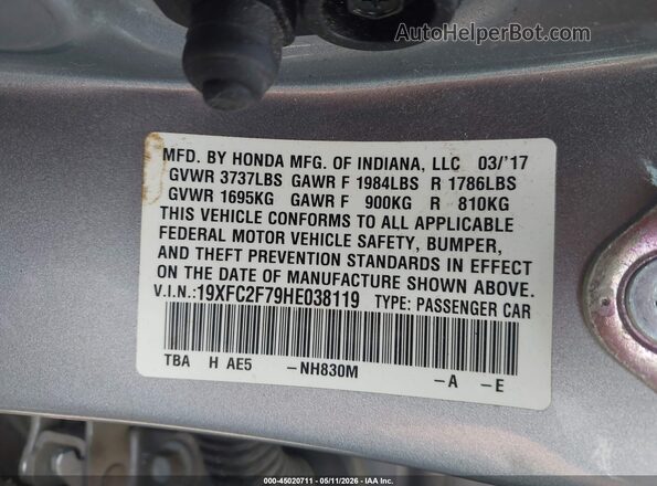 19XFC2F79HE038119 2017 HONDA CIVIC Серебряный Вид подкапотного пространства