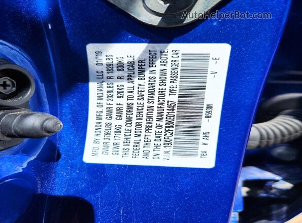 19XFC2F88KE014457 2019 HONDA CIVIC Синий Вид подкапотного пространства