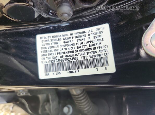 19XFC2F89KE214926 2019 HONDA CIVIC Black Widok naklejki z numerem VIN