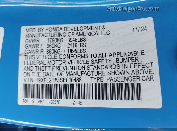 19XFL2H83SE010488 2025 HONDA CIVIC SEDAN Blue Вид підкапотного простору