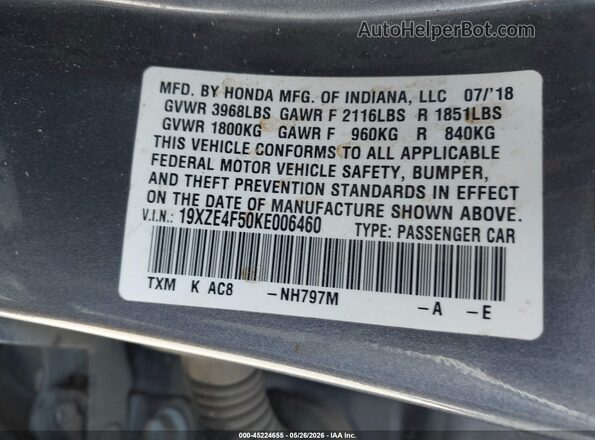 19XZE4F50KE006460 2019 HONDA INSIGHT Серый Вид подкапотного пространства