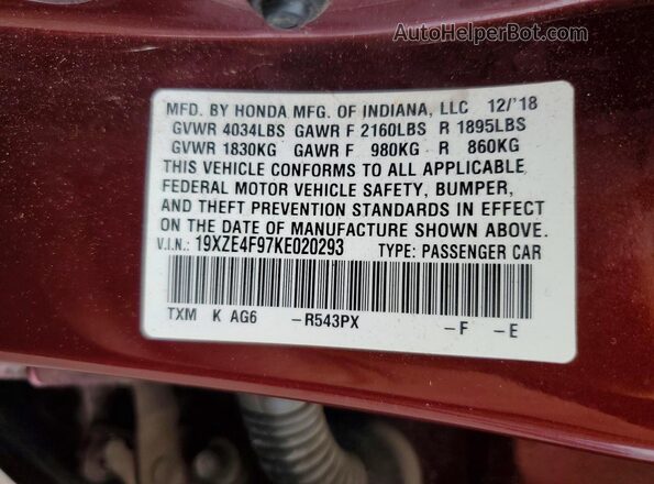 19XZE4F97KE020293 2019 HONDA INSIGHT Темно-бордовый Вид подкапотного пространства