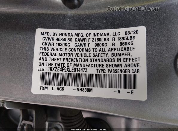 19XZE4F9XLE014473 2020 HONDA INSIGHT Серебряный Вид подкапотного пространства